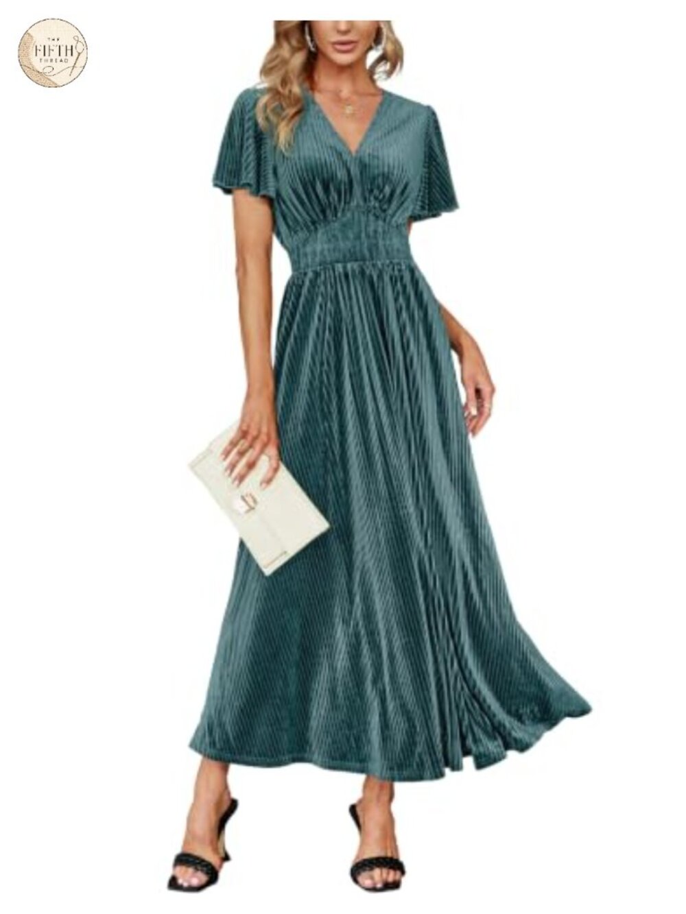 Velvet Maxi Dress V Neck Short Sleeve Empire Waist Formal Wedding Guest